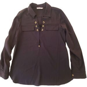 Calvin Klein Womens Black Gromit Tie V Neck Collared Roll Tab Sleeves Blouse